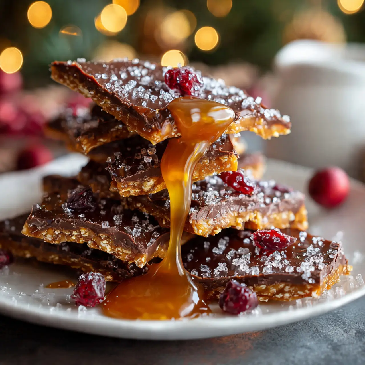 Stack of Christmas Crack with chocolate, toffee, caramel drizzle, cranberries, and coarse sugar.