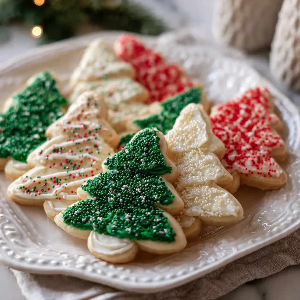 A plate filled with Christmas tree sugar cookies decorated in green, white, and red icing with colorful sprinkles.