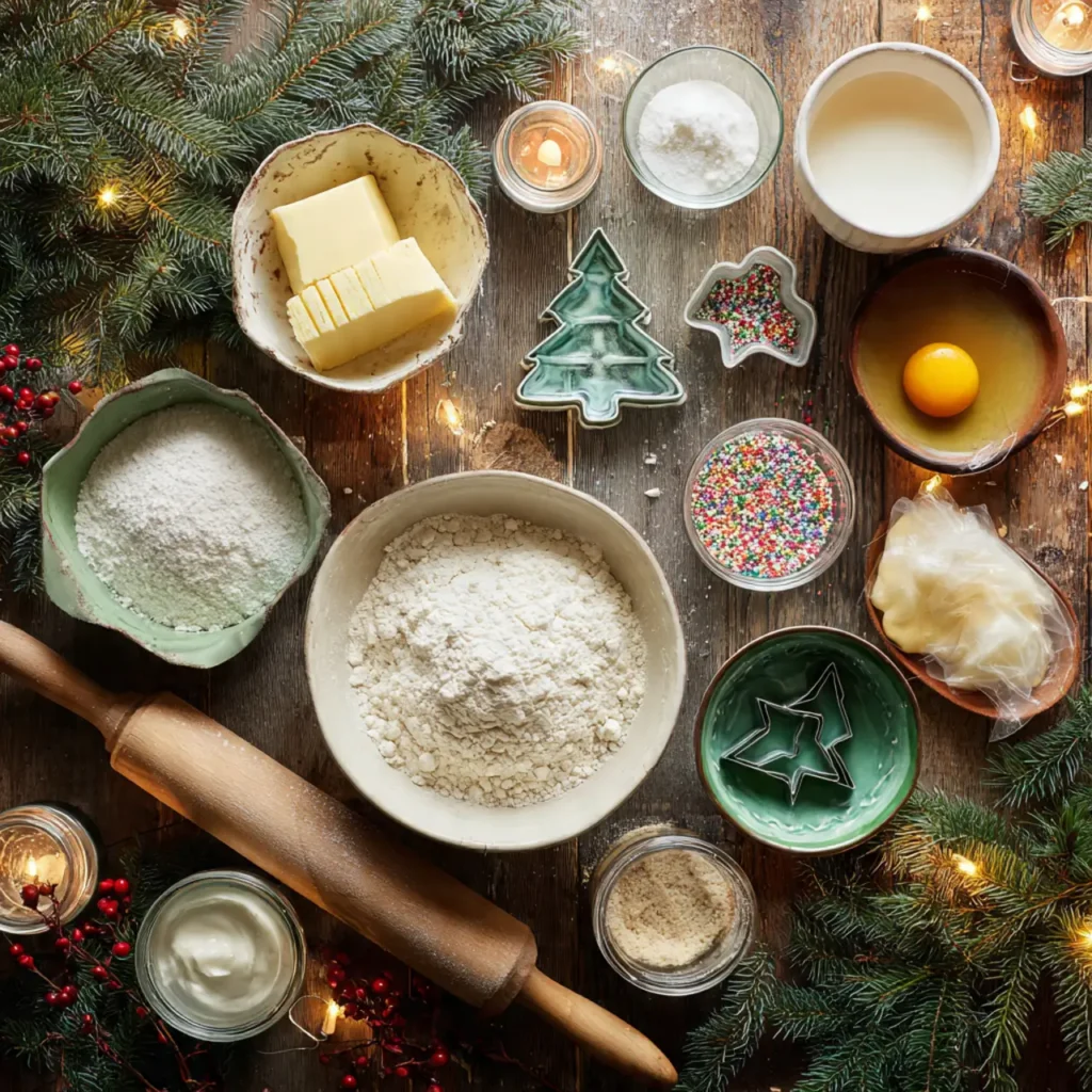 Overhead view of Christmas tree sugar cookie ingredients laid out on a rustic wooden table with flour, butter, sugar, sprinkles, cookie cutters, and evergreen branches.