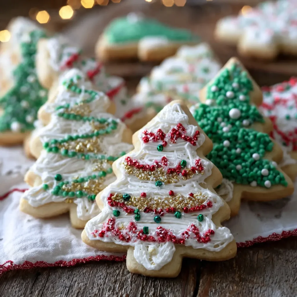 Close-up of iced Christmas tree sugar cookies decorated with white, red, green, and gold sprinkles on a rustic cloth.