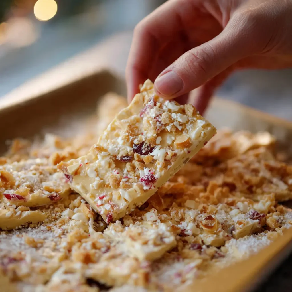 Hand lifting a piece of white chocolate Christmas Crack with crushed crackers and holiday candy pieces from a baking pan.