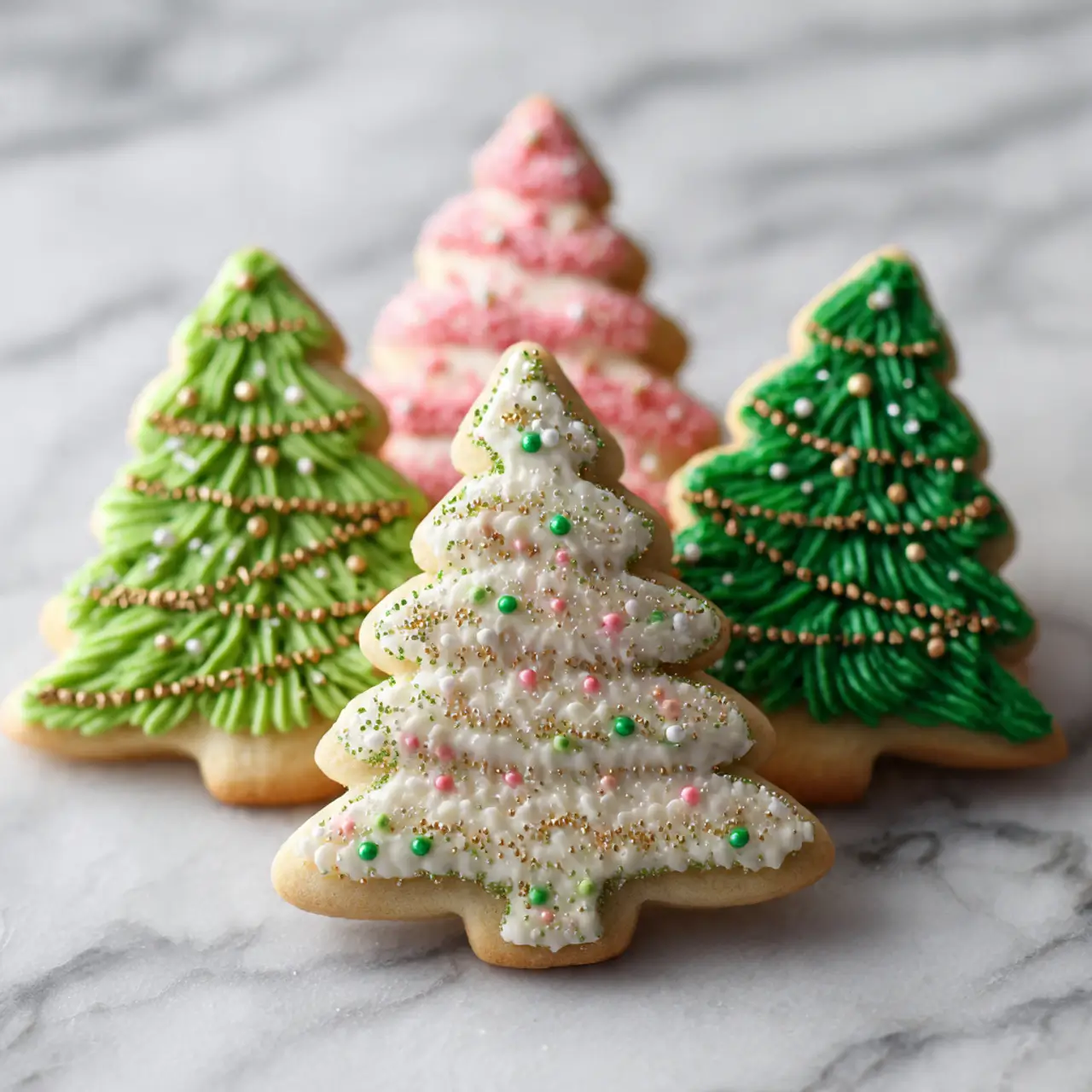 Christmas tree sugar cookies decorated with white, green, and pink icing, topped with gold sprinkles on a marble background.