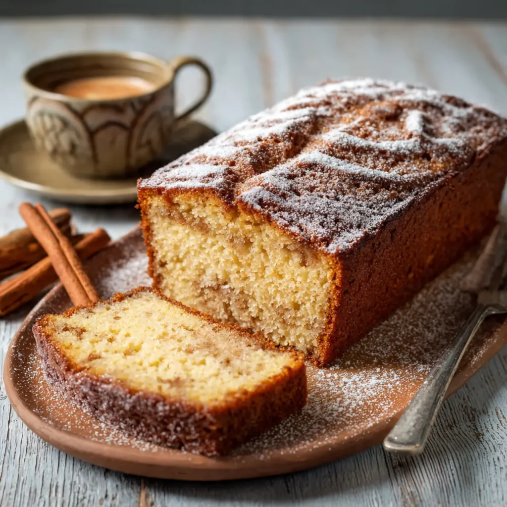 Sliced cinnamon nutmeg loaf cake dusted with powdered sugar served with a cup of coffee.