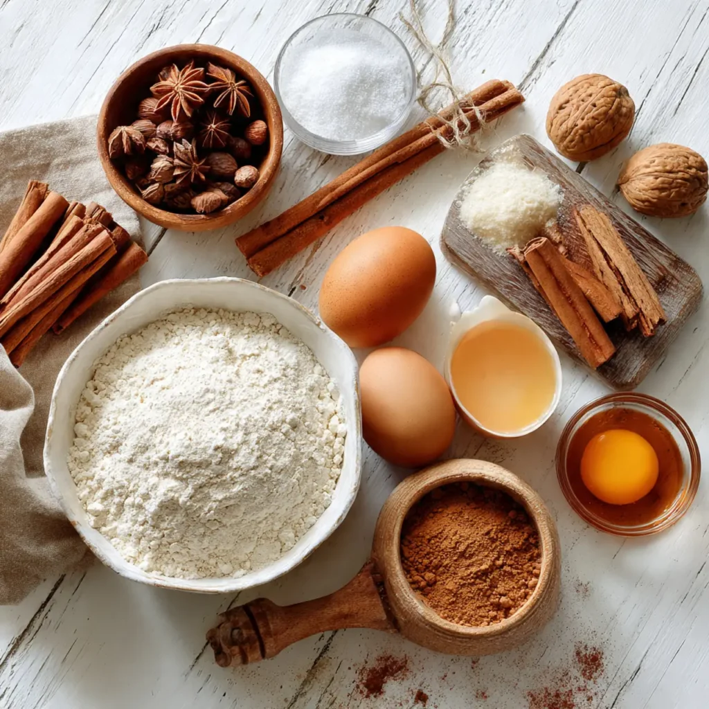 Flat lay of cinnamon nutmeg cake ingredients including flour, eggs, cinnamon sticks, nutmeg, sugar, and spices on a rustic table.
