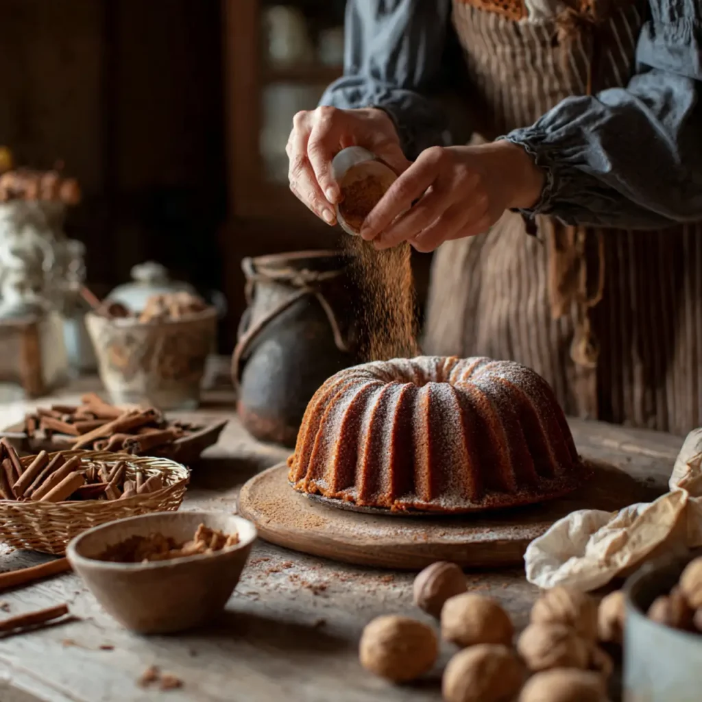 Hands sprinkling cinnamon and nutmeg over a freshly baked bundt cake on a wooden board.