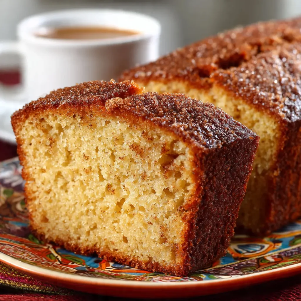 Close-up of a moist slice of cinnamon nutmeg cake showing a soft, tender crumb.