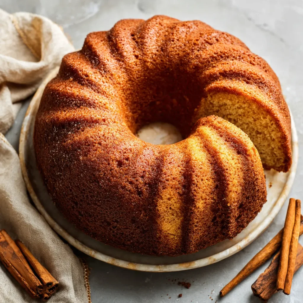 Whole cinnamon nutmeg bundt cake on a plate with cinnamon sticks on the side.