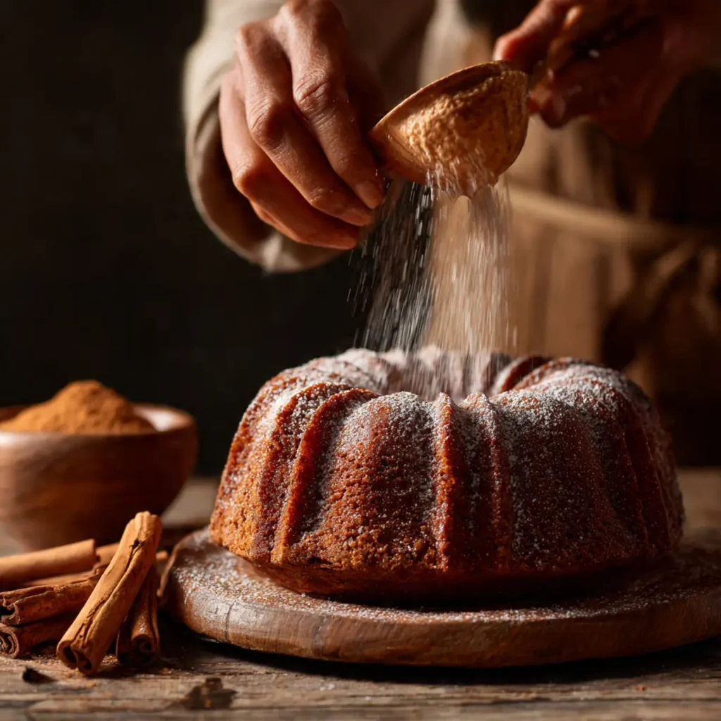Powdered sugar being dusted over a cinnamon nutmeg bundt cake on a wooden table.