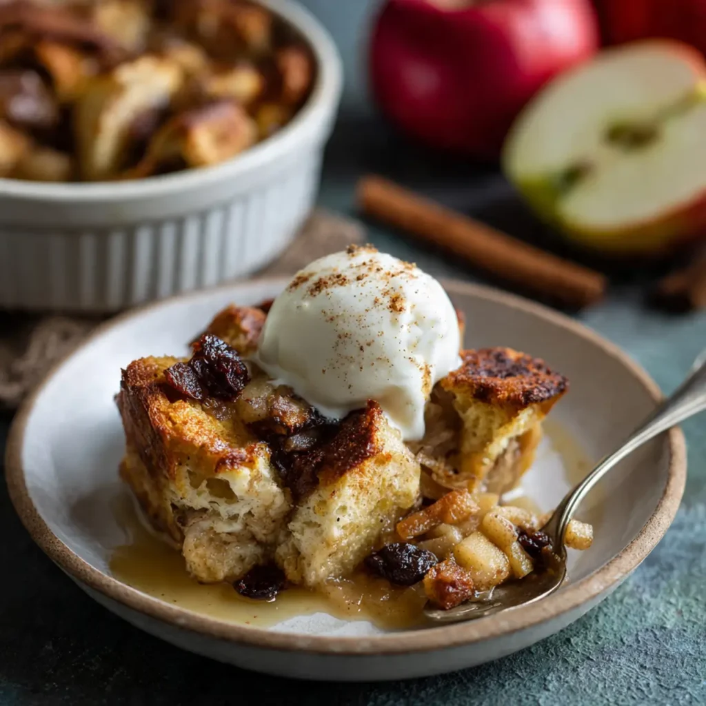 Apple cinnamon bread pudding served warm with vanilla ice cream on top.