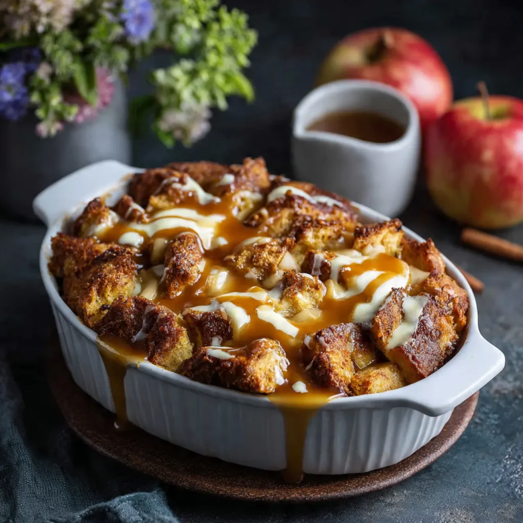 Baked apple cinnamon bread pudding topped with warm caramel sauce in a white baking dish.