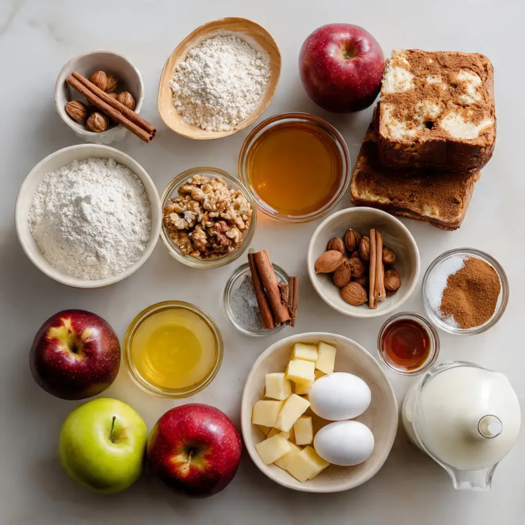 Ingredients for apple cinnamon bread pudding including apples, bread, cinnamon, eggs, milk, and butter.