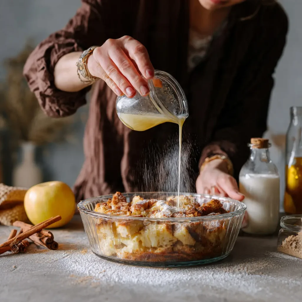 Pouring custard mixture over apple cinnamon bread pudding before baking.