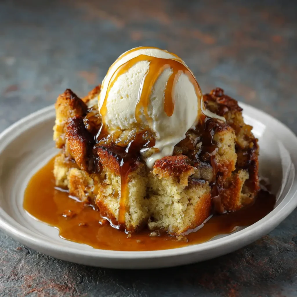 Cozy winter bread pudding served warm with vanilla ice cream and caramel sauce.