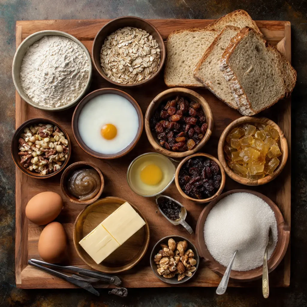 Ingredients for cozy winter bread pudding arranged on a wooden board, including bread, eggs, milk, sugar, and dried fruit.