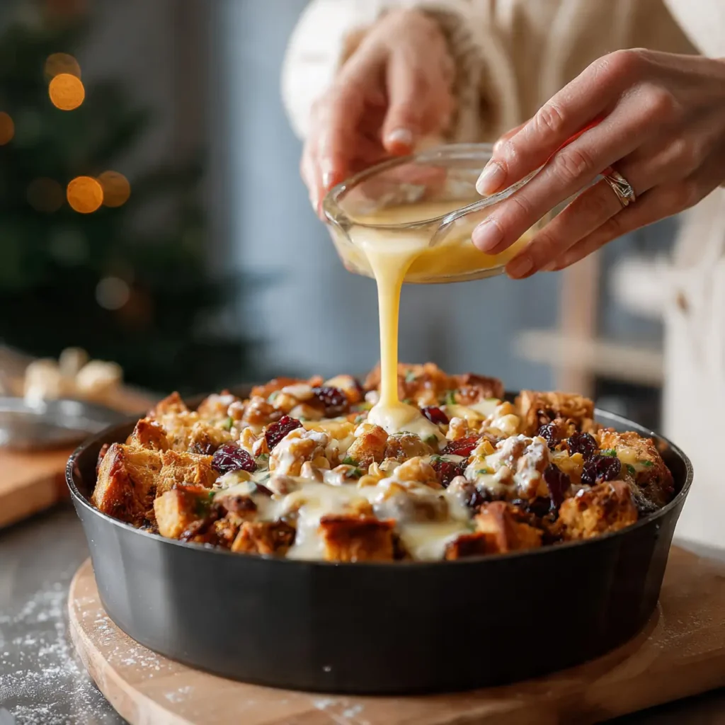 Pouring warm custard mixture over bread pudding before baking for a cozy winter dessert.