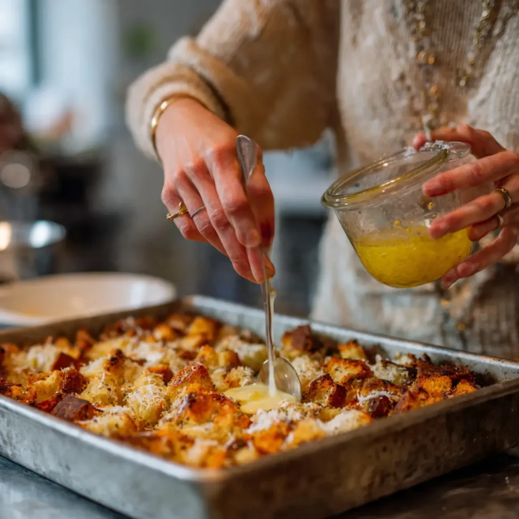 Drizzling sauce over baked cozy winter bread pudding in a metal baking pan.