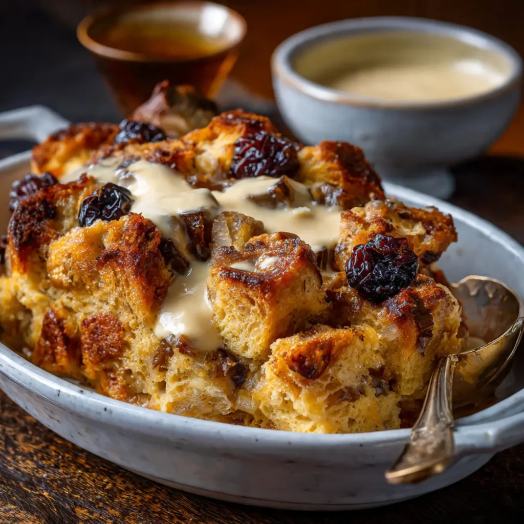 Cozy winter bread pudding topped with creamy vanilla sauce and dried fruit.