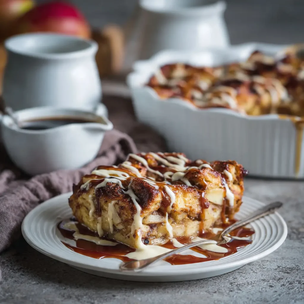 Slice of apple cinnamon bread pudding drizzled with caramel sauce on a plate.
