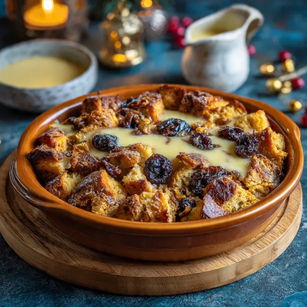Cozy winter bread pudding baked in a ceramic dish with custard and dried fruit.