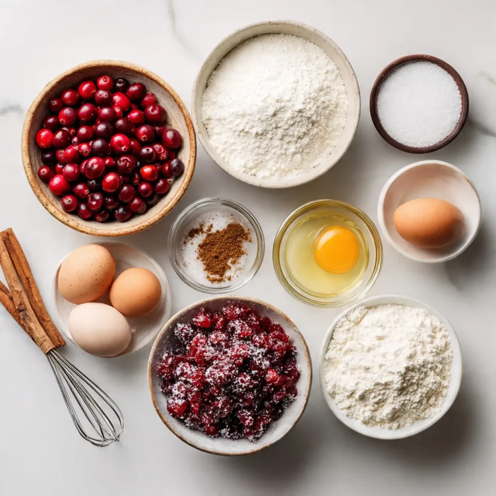 Flat lay of fresh cranberries, flour, sugar, eggs, cinnamon, and other baking ingredients arranged on a white countertop.