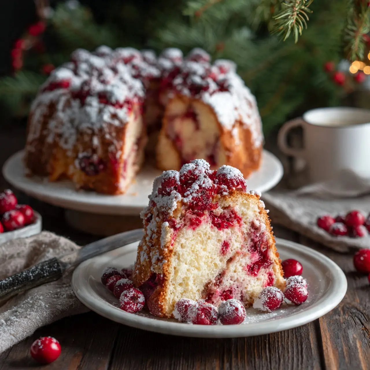 A slice of fresh cranberry cake dusted with powdered sugar, surrounded by sugared cranberries, with the full cake in the background.