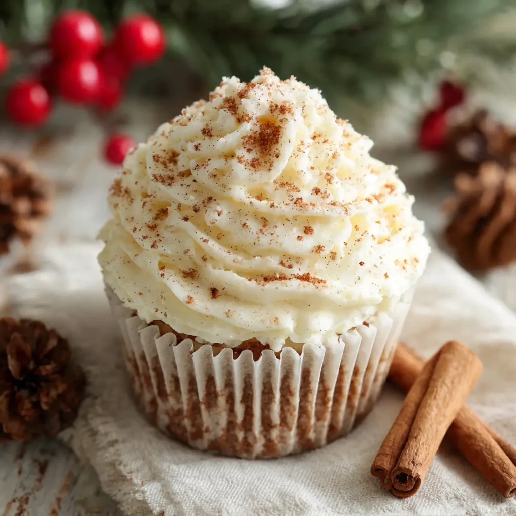 Cupcake topped with creamy eggnog frosting and a light dusting of nutmeg in a festive setting.
