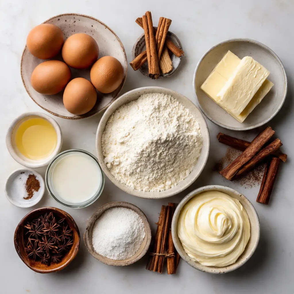 Flat lay of eggnog frosting ingredients including butter, eggs, powdered sugar, milk, cinnamon sticks, and spices on a light surface.