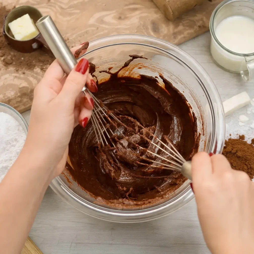 Hands whisking a smooth frosting mixture in a glass bowl while preparing creamy eggnog frosting.