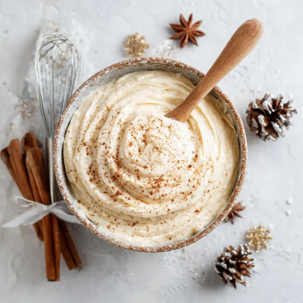Bowl of creamy eggnog frosting topped with nutmeg, surrounded by cinnamon sticks and holiday decor.
