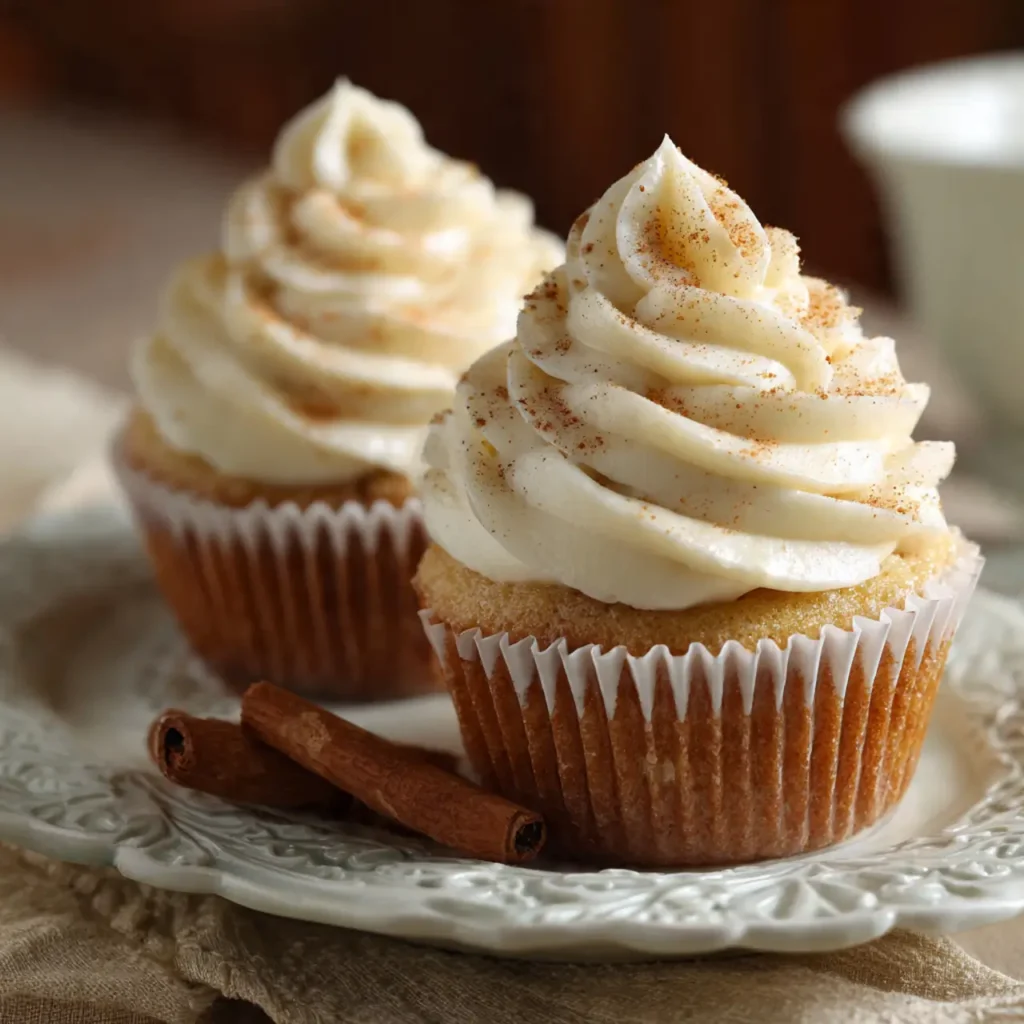Vanilla cupcakes topped with creamy eggnog frosting and cinnamon sticks on a decorative plate.