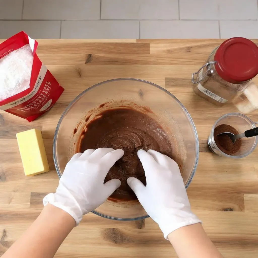Hands mixing frosting in a bowl during the process of making creamy eggnog frosting.