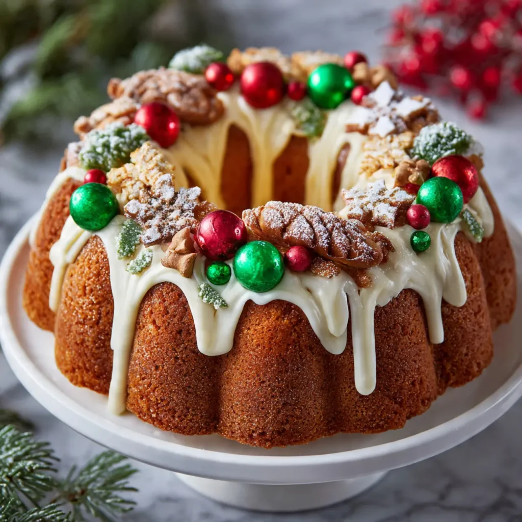 Decorated easy holiday bundt cake with icing, nuts, and festive Christmas accents.