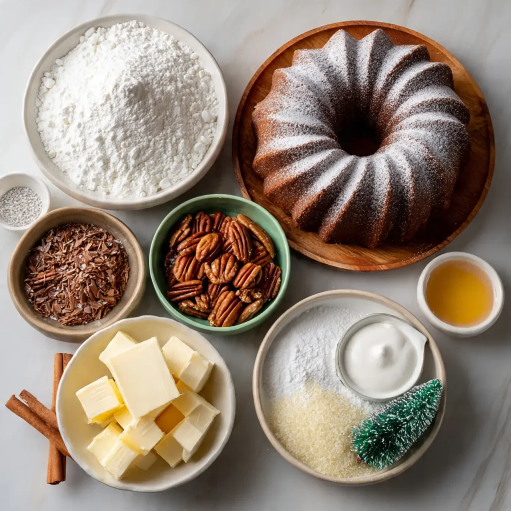 Ingredients arranged for an easy holiday bundt cake including flour, butter, sugar, pecans, and spices.