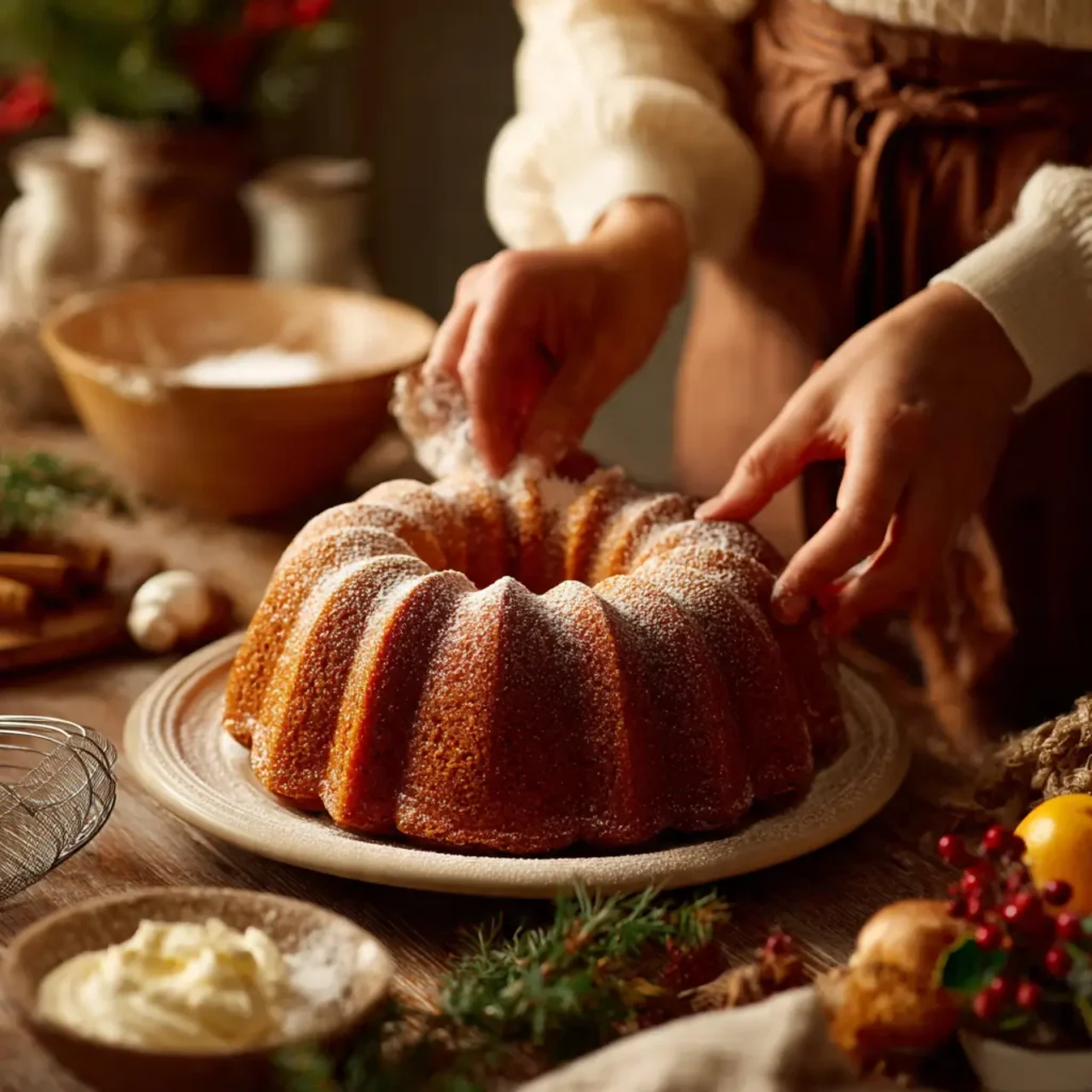 Hands dusting powdered sugar over a freshly baked easy holiday bundt cake.
