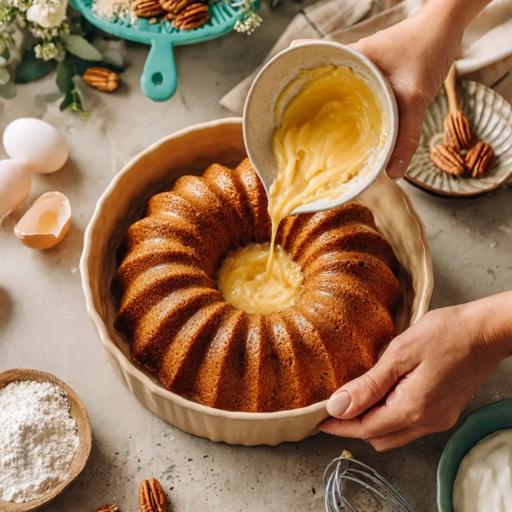 Warm glaze being poured into the center of an easy holiday bundt cake.