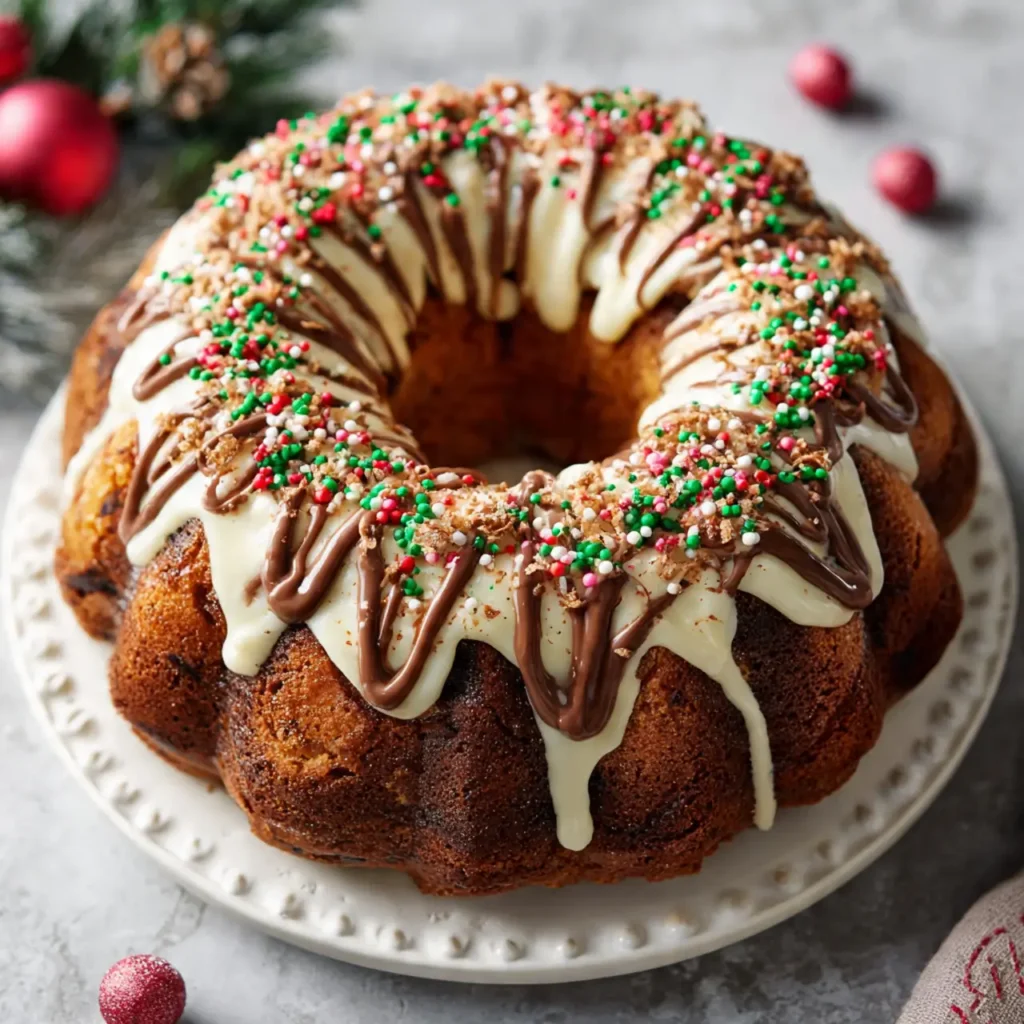 Easy holiday bundt cake topped with glaze, chocolate drizzle, and festive sprinkles.