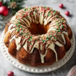 Easy holiday bundt cake topped with glaze, chocolate drizzle, and festive sprinkles.