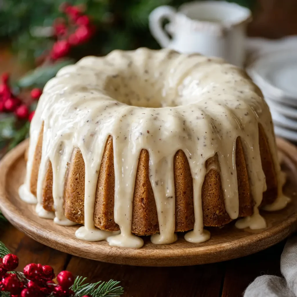 Bundt cake covered in thick eggnog butter glaze with visible nutmeg specks, displayed on a wooden cake stand with Christmas greenery.