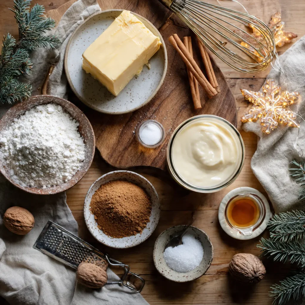 Flat-lay of ingredients for eggnog butter glaze, including butter, powdered sugar, cinnamon sticks, eggnog, brown sugar, vanilla, salt, and nutmeg on a rustic wooden table.