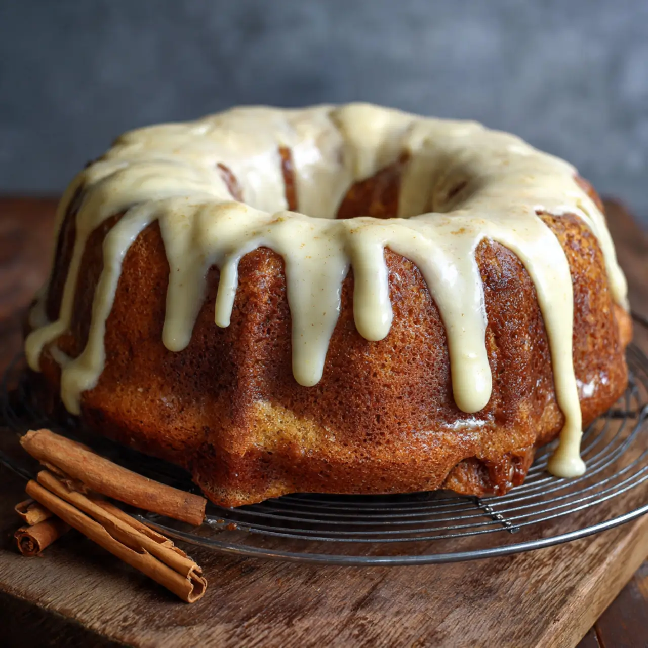 Rustic bundt cake topped with creamy eggnog glaze dripping down the sides, set on a cooling rack with cinnamon sticks nearby.