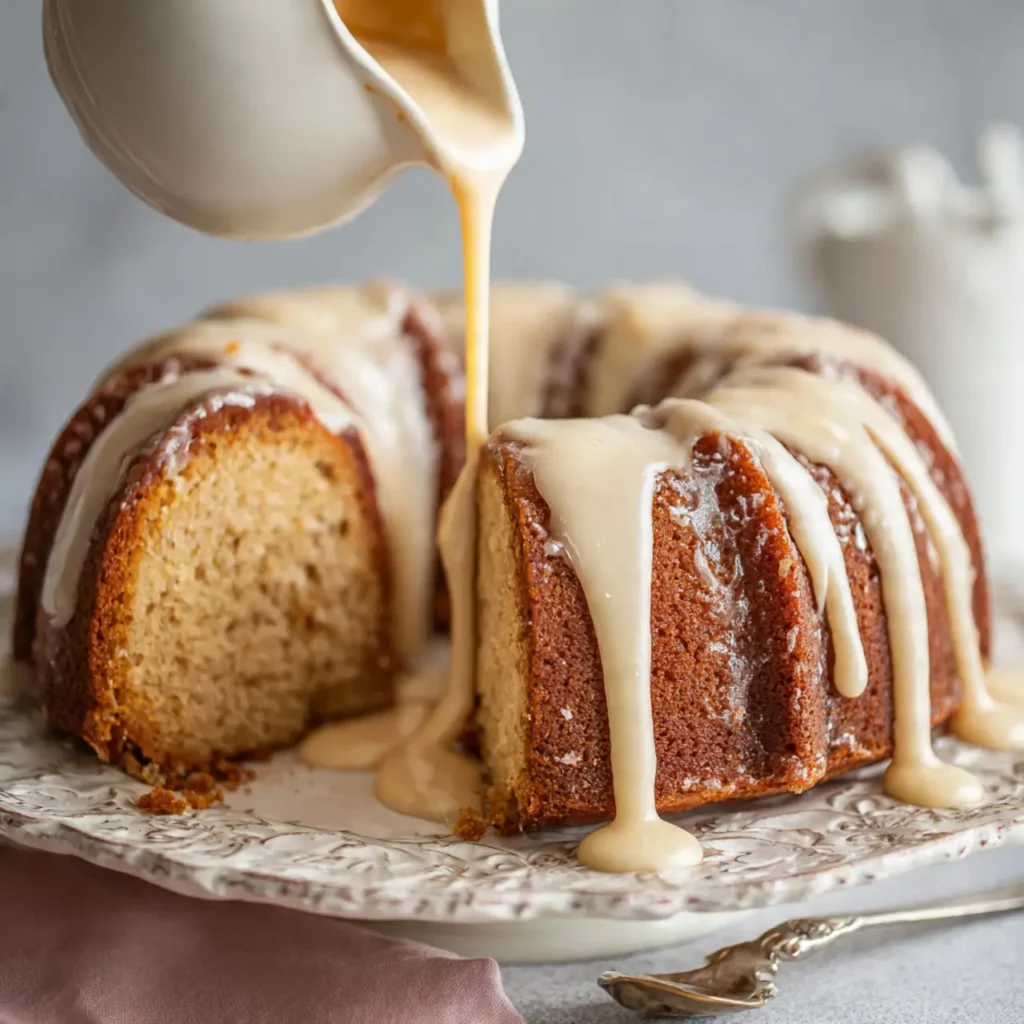 Eggnog butter glaze being poured from a pitcher over a sliced bundt cake on a decorative plate.
