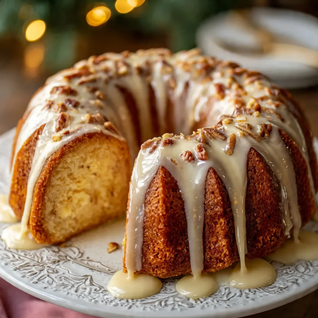 Sliced glazed eggnog bundt cake with thick icing dripping down each slice on a serving plate.