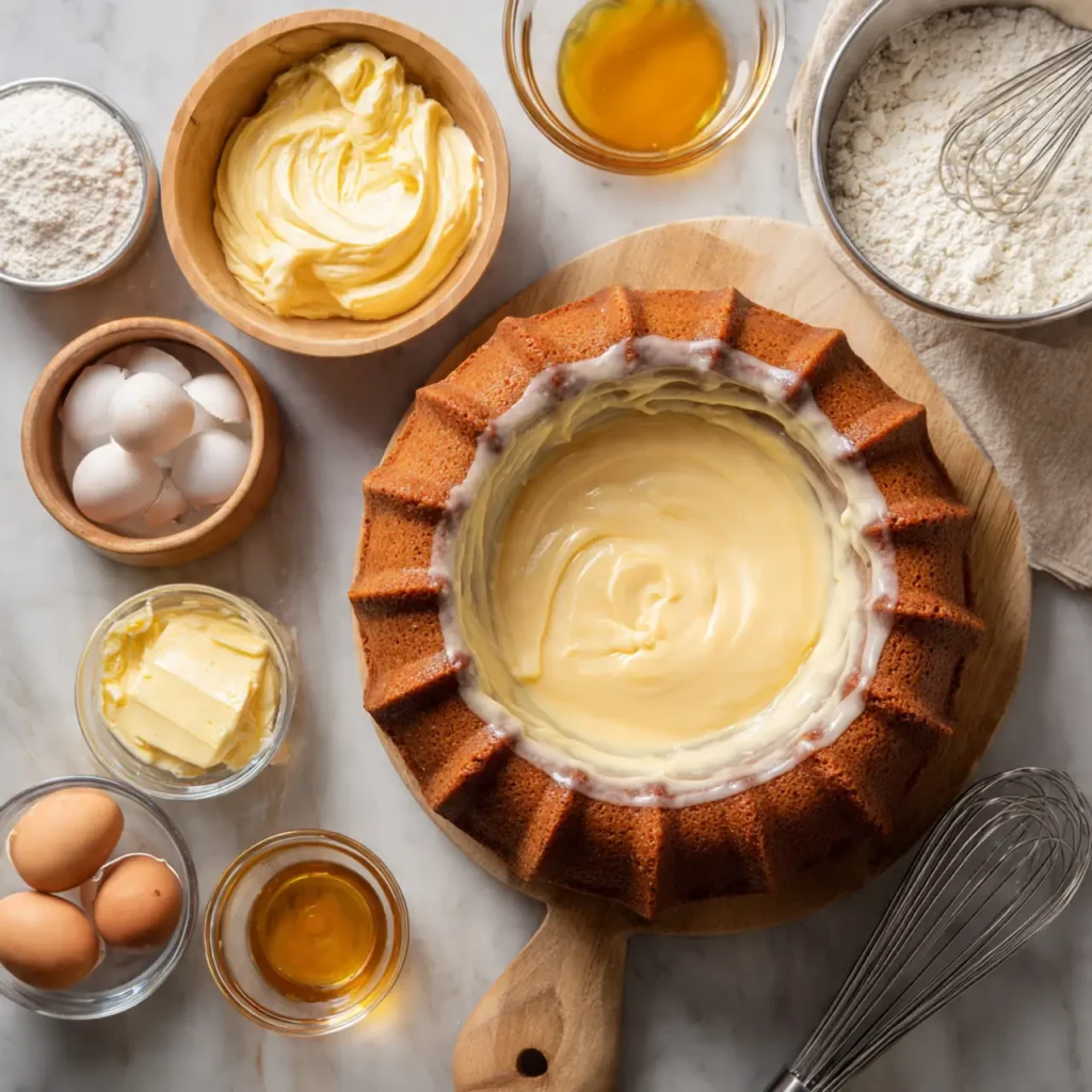 Top-down view of ingredients for glazed eggnog bundt cake including eggs, butter, flour, eggnog, and baking tools.