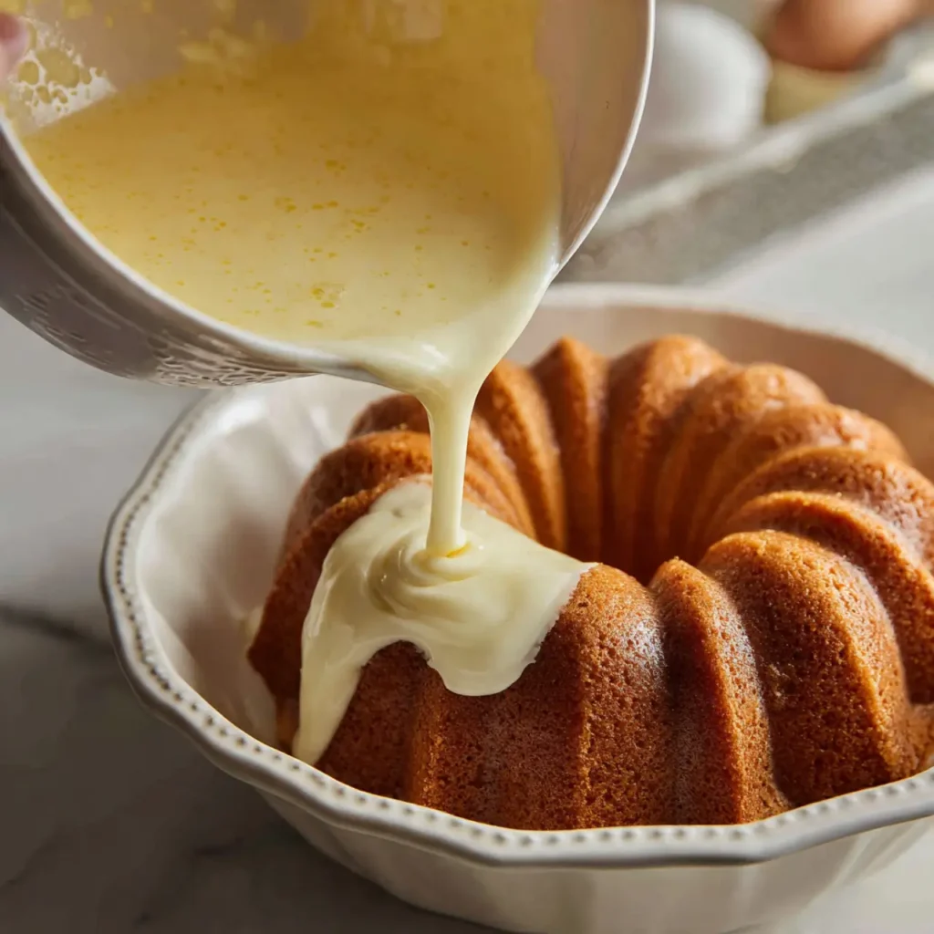Warm eggnog glaze being poured over a freshly baked bundt cake in a white baking dish.