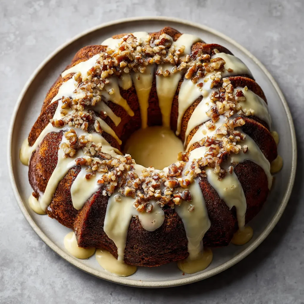 Finished glazed eggnog bundt cake topped with chopped nuts and thick icing on a round plate.