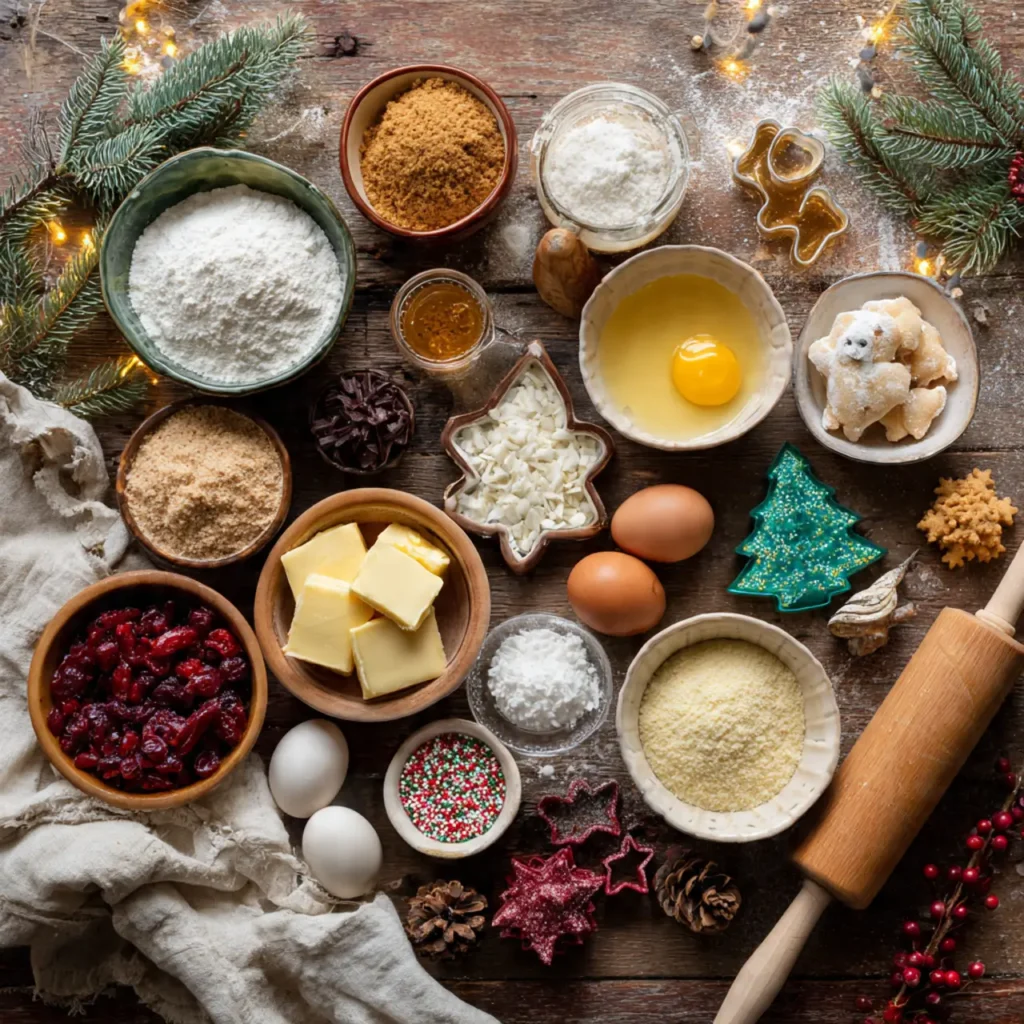Flat-lay of holiday baking cookie ingredients including flour, butter, brown sugar, eggs, sprinkles, cookie cutters, cranberries, spices, and pine branches on a rustic table.