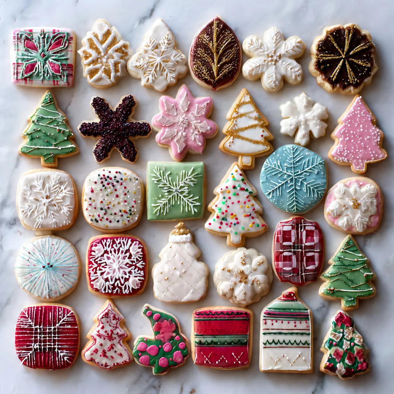 Assorted holiday baking cookies decorated with colorful royal icing in shapes like snowflakes, trees, ornaments, leaves, and stars.
