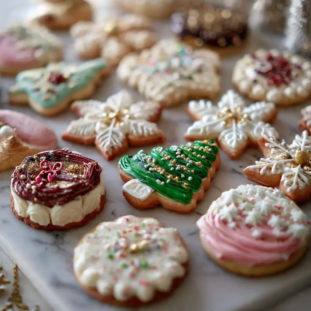 Close-up view of holiday baking cookies decorated with buttercream and royal icing in snowflake, tree, and ornament designs.