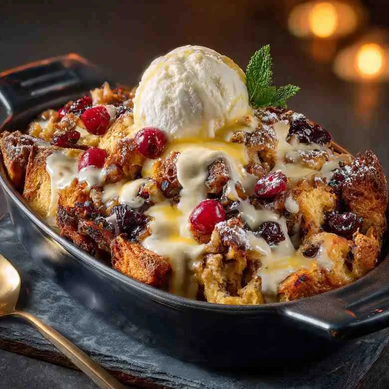 Warm holiday bread pudding topped with vanilla ice cream, fresh cranberries, and creamy sauce in a rustic black baking dish.
