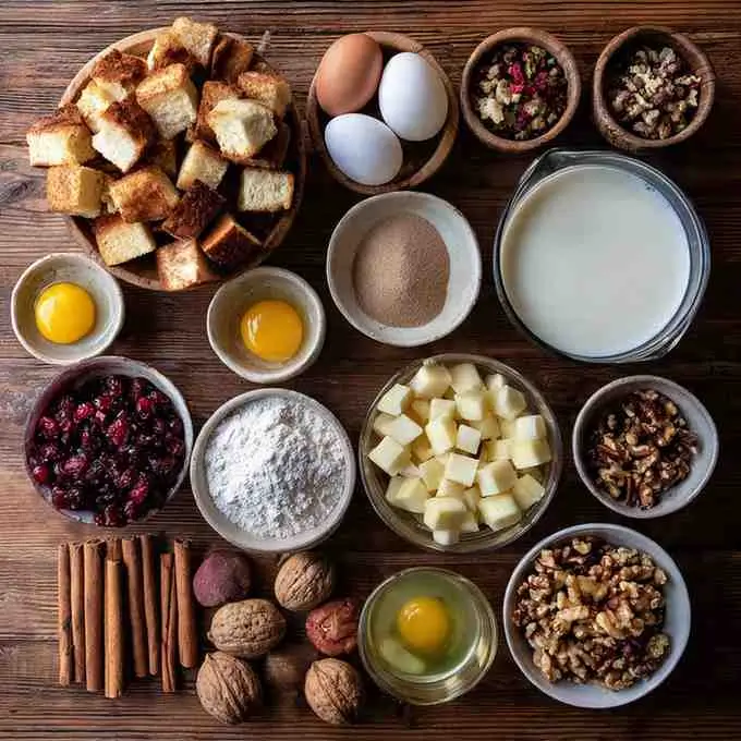 Flat-lay of bread pudding ingredients including bread cubes, eggs, sugar, milk, cranberries, walnuts, spices, and butter arranged on a wooden table.